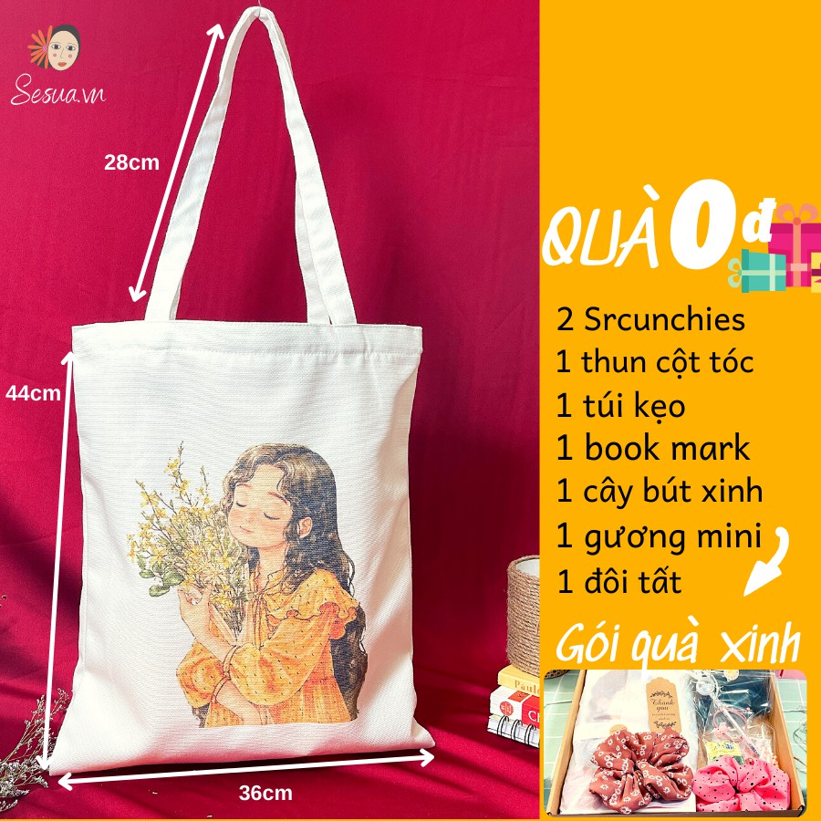 [Túi Thiết Kế-Fullbox] Túi TOTE vải Canvas đeo vai phong cách hàn quốc, form unisex vintage - Girl ôm hoa Sesua