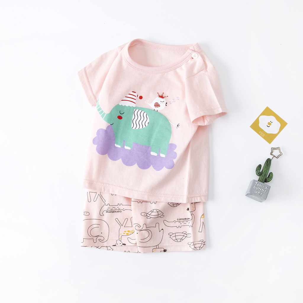 Bộ Đồ Ngủ Áo Thun Tay Ngắn Phối Quần Short Vải Cotton In Hoạt Hình Dễ Thương Cho Bé 0-72M