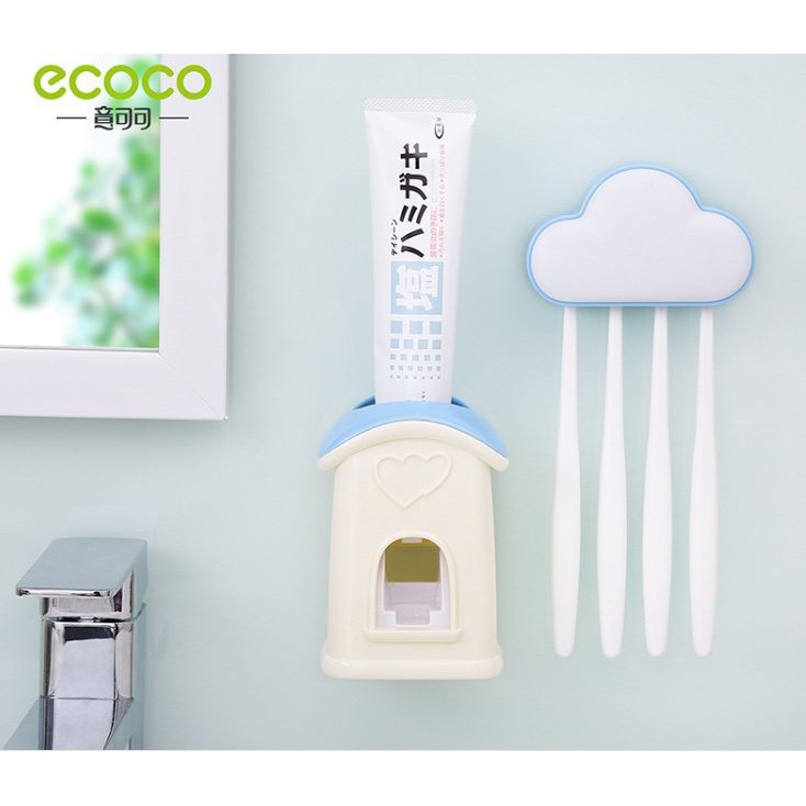 Giá treo 4 bàn chải đám mây kèm dụng cụ nặn kem đánh răng tự động Ecoco 1406