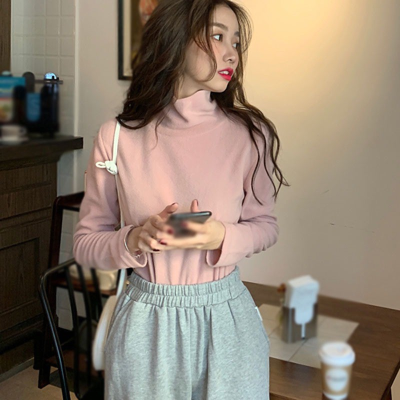 Áo Thun Nữ Tay Dài Cổ Cao Màu Trơn Phong Cách Hàn Quốc