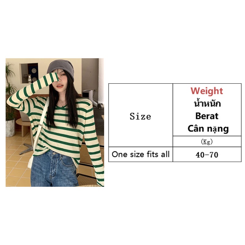 Áo thun YEYA tay dài cổ chữ V sọc ngang thời trang Hàn Quốc