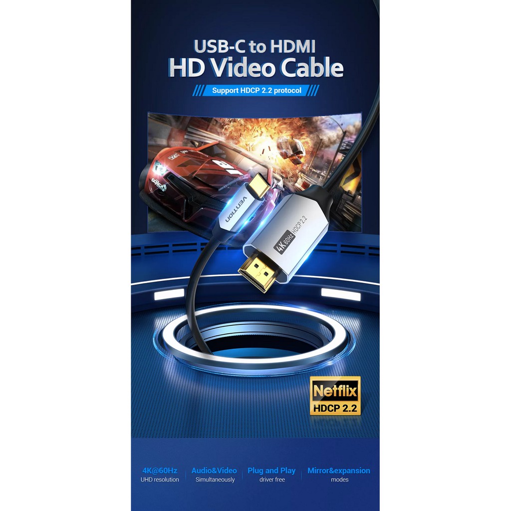 [Type-C to HDMI male] Cáp chuyển Type-C sang HDMI Vention CGSBG