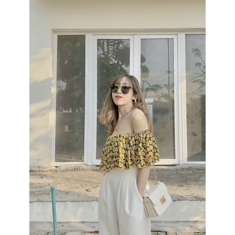 set quần suông trắng áo crotop hoa