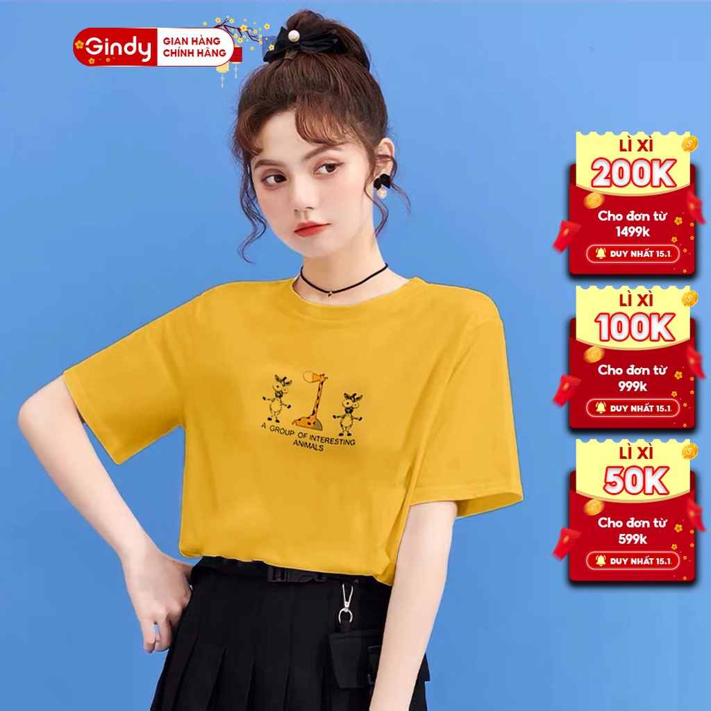 Áo phông basic GINDY nữ in hình Giraffe cổ tròn tay lỡ unisex chất  thun lạnh co giãn 4 chiều A046