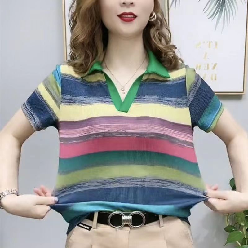 Áo Thun polo Ngắn Tay Họa Tiết Sọc Ngang Thời Trang Dành Cho Nữ