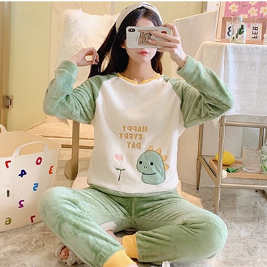 Bộ Mặc Nhà Bộ Đồ Ngủ Nữ Mùa Đông Chất Băng Lông Siêu Mềm Mại, Phong Cách Hàn Quốc