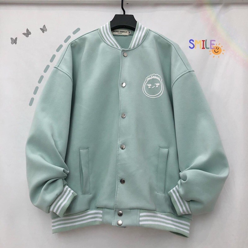 Áo Bomber Cardigan Nỉ Bông Bấm Cúc In Mặt Cười Form Rộng Unisex Nam Nữ Mặc Couple Ulzzang