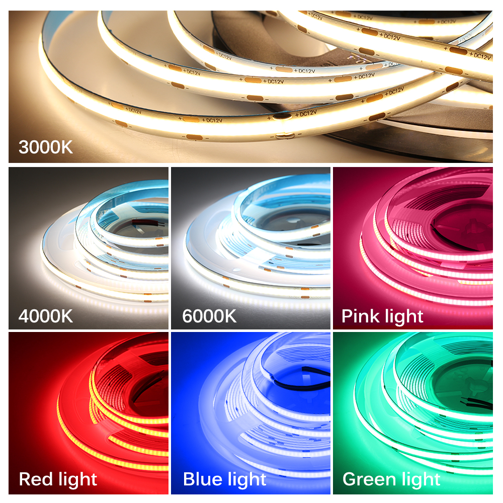 Đèn LED mới COB Linh hoạt Dải ánh sáng linh hoạt Độ sáng cao RGB Đèn neon Dc12V 24V 1M / 2M / 3M / 5M Phòng khách Dải đèn trang trí 480LEDs 3528