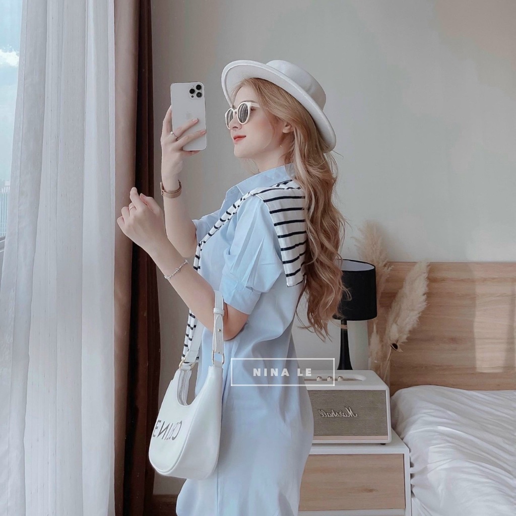 Váy sơ mi nữ dáng dài maxi đi biển kiểu đầm dáng suông vintage phối kẻ sọc form rộng dễ mặc