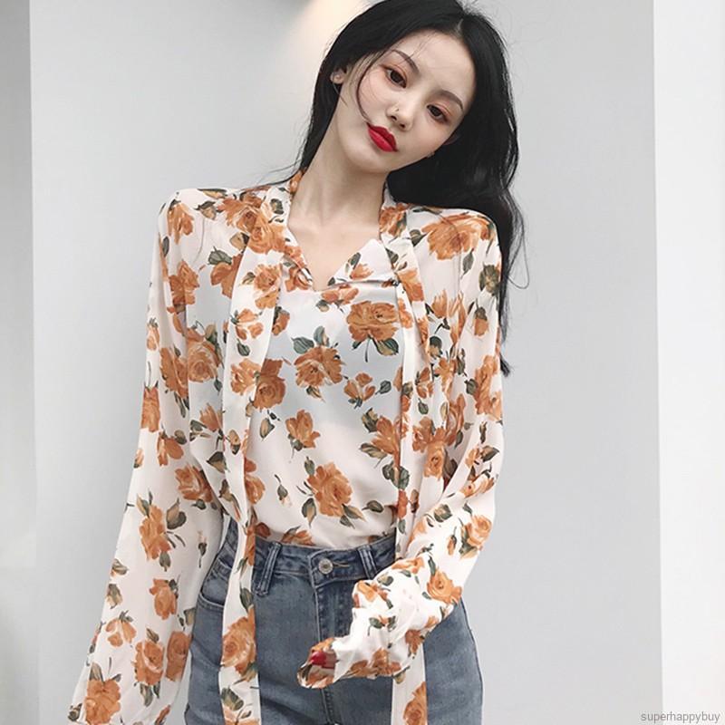 Áo kiểu cho nữ bằng vải chiffon xẻ cổ chữ V in hoa gợi cảm