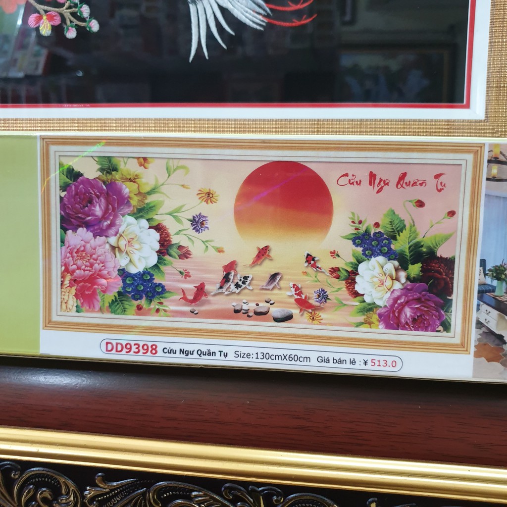 Tranh Đính Đá CÁ CỬU NGƯ QUẦN TỤ (ĐÁ ABC CAO CẤP). Kích Thước: 1m30 x 60cm