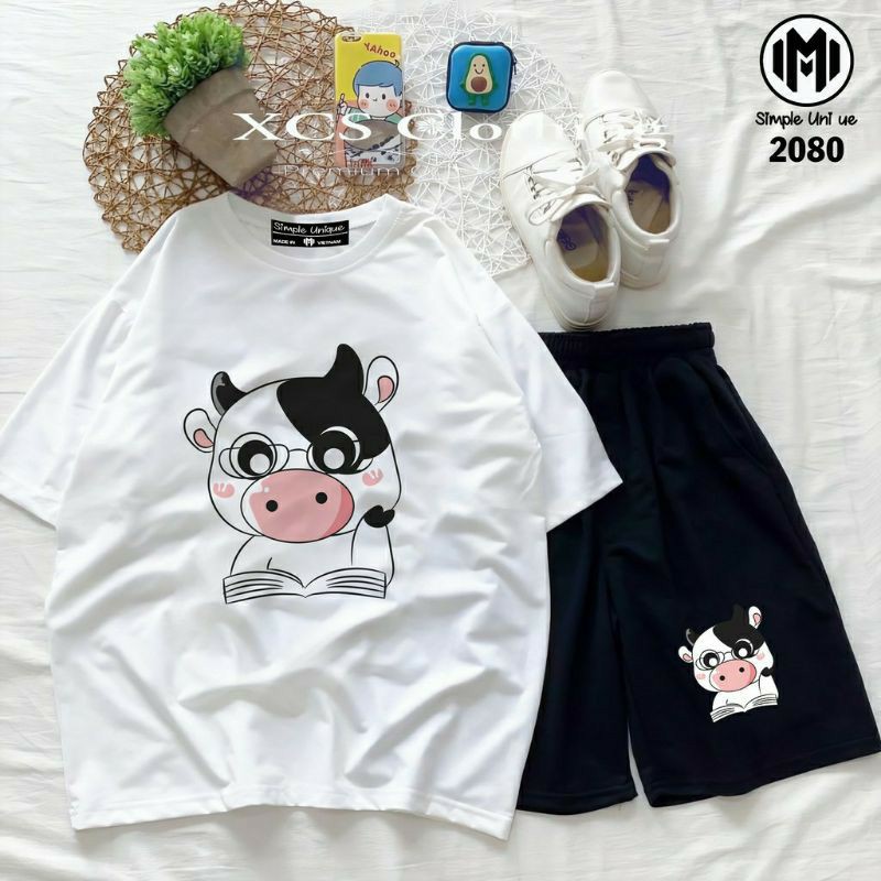 Sét Bộ Đồ Thời Trang Nữ Mặc Đi Chơi Dạo Phố Mùa Hè cute♥️ Áo Thun Cotton In Bò Sữa+ QUẦN ĐÙI Phong Cách.