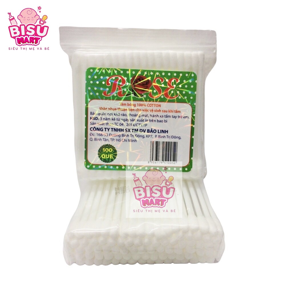 Tăm bông, Bông ráy tai lõi nhựa ROSE (Bịch 100 que)