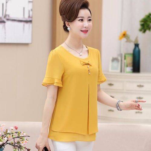 Short-sleeved T-shirt, chiffon shirt, middle-aged women's plain plus size T-shirt