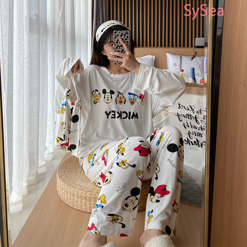 Bộ đồ ngủ tay dài dáng rộng in họa tiết hoạt hình phong cách Hàn Quốc đáng yêu cho nữ