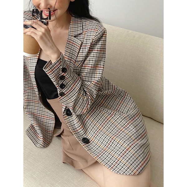 Blazer kẻ caro nâu đỏ 2 cúc dọc Hàn Quốc