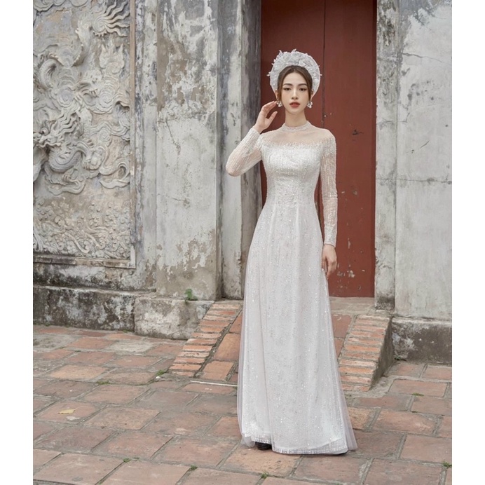 Mấn bờm khăn đóng áo dài trang trí thiết kế hoa ren tỉ mỉ sang trọng từng cánh hoa