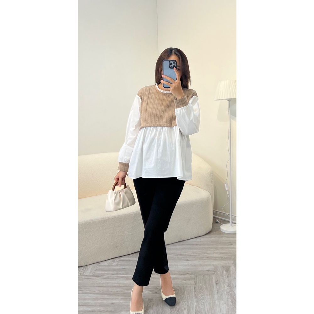 Áo bầu phối vải len xương cá BONE TOP có khóa cho bé ti, phù hợp mùa thu đông cho mẹ đi làm, đi chơi by L