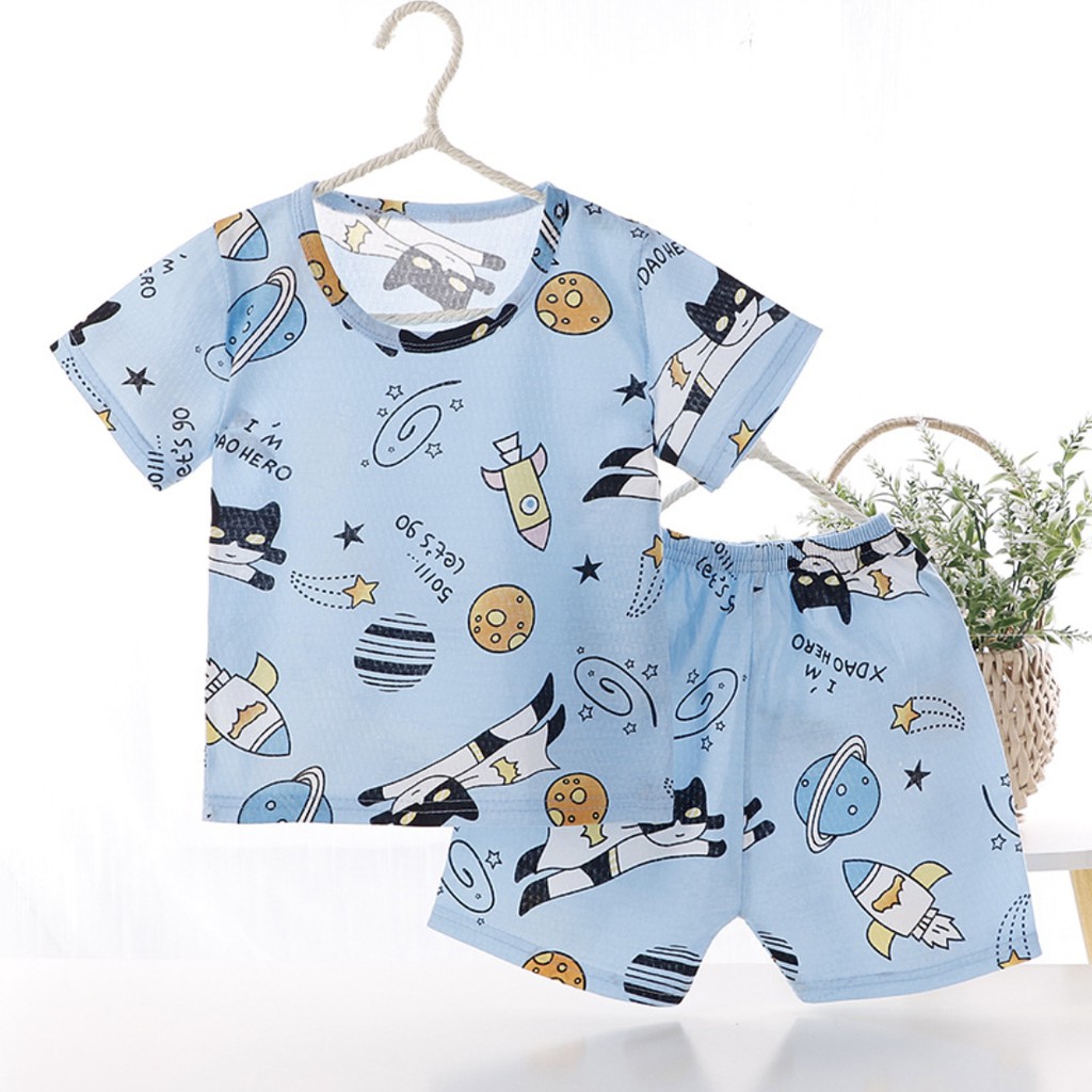 Bộ quần áo bé trai tay cộc chất liệu cotton sợi tre siêu mát in hình cute phong cách Hàn Quốc Rhino Kids