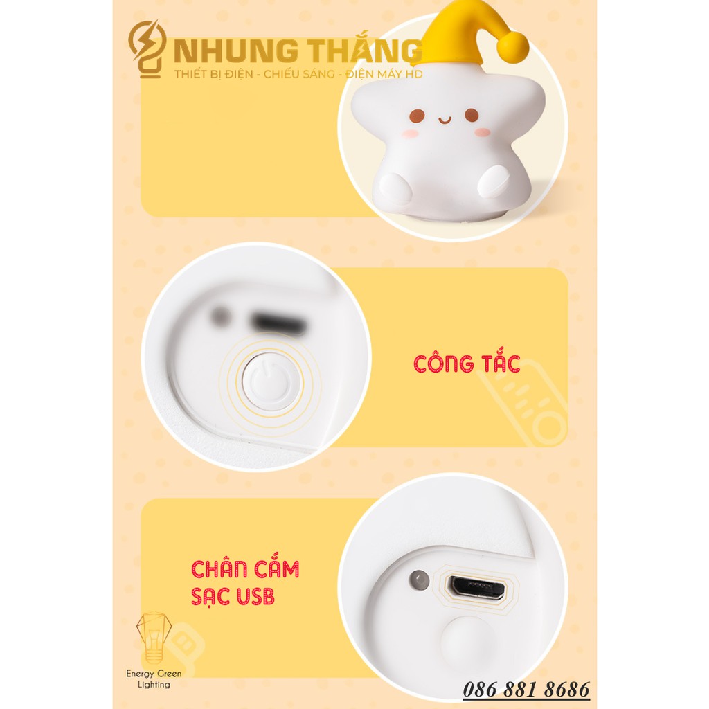 Đèn Ngủ Hình Ngôi sao Siêu Dễ Thương WH-A23 - Thay Đổi Màu Sắc Tùy Thích - Silicon Mềm Mại Siêu Bền-Pin Sạc Tích Điện