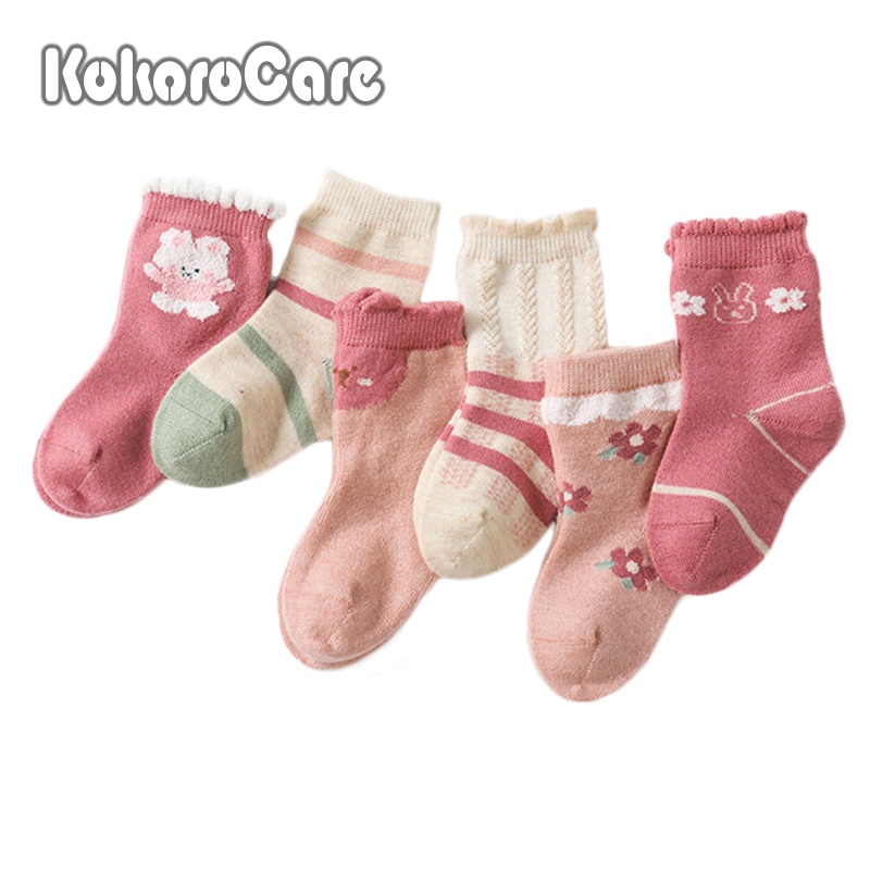 Set 3 đôi vớ len ấm áp KOKOROCARE YSZ-30 in họa tiết hoạt hình dễ thương thời trang thu đông cho bé gái 0-3 tuổi S/ M/ L