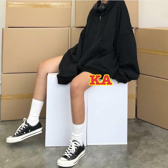 Áo khoác nỉ mũ thụng rộng tay to dài rộng khoá kéo