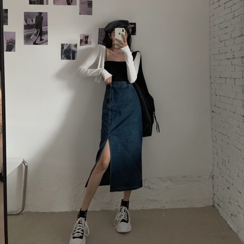 Chân váy bò dáng dài xẻ tà Hot trend siêu xinh, trẻ trung, năng động( SẴN)