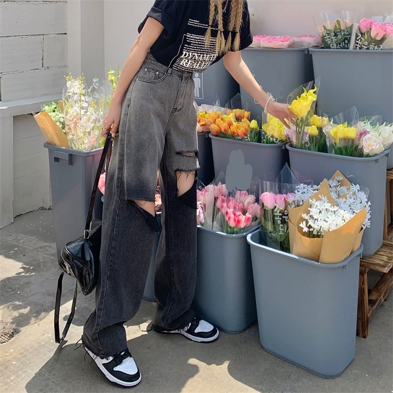 Quần Jeans Dài Lưng Cao Ống Rộng Phối Vết Rách Màu Sắc Vintage Cho Nữ