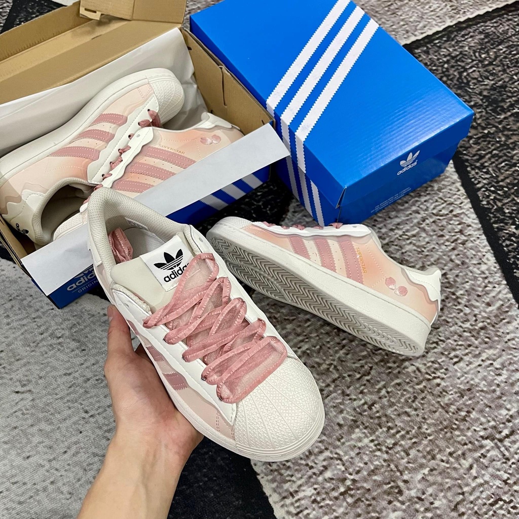 Giày adidas superstar, Das Sò, màu hồng kem bản S.C 2022 dây hồng full box - giấy gói