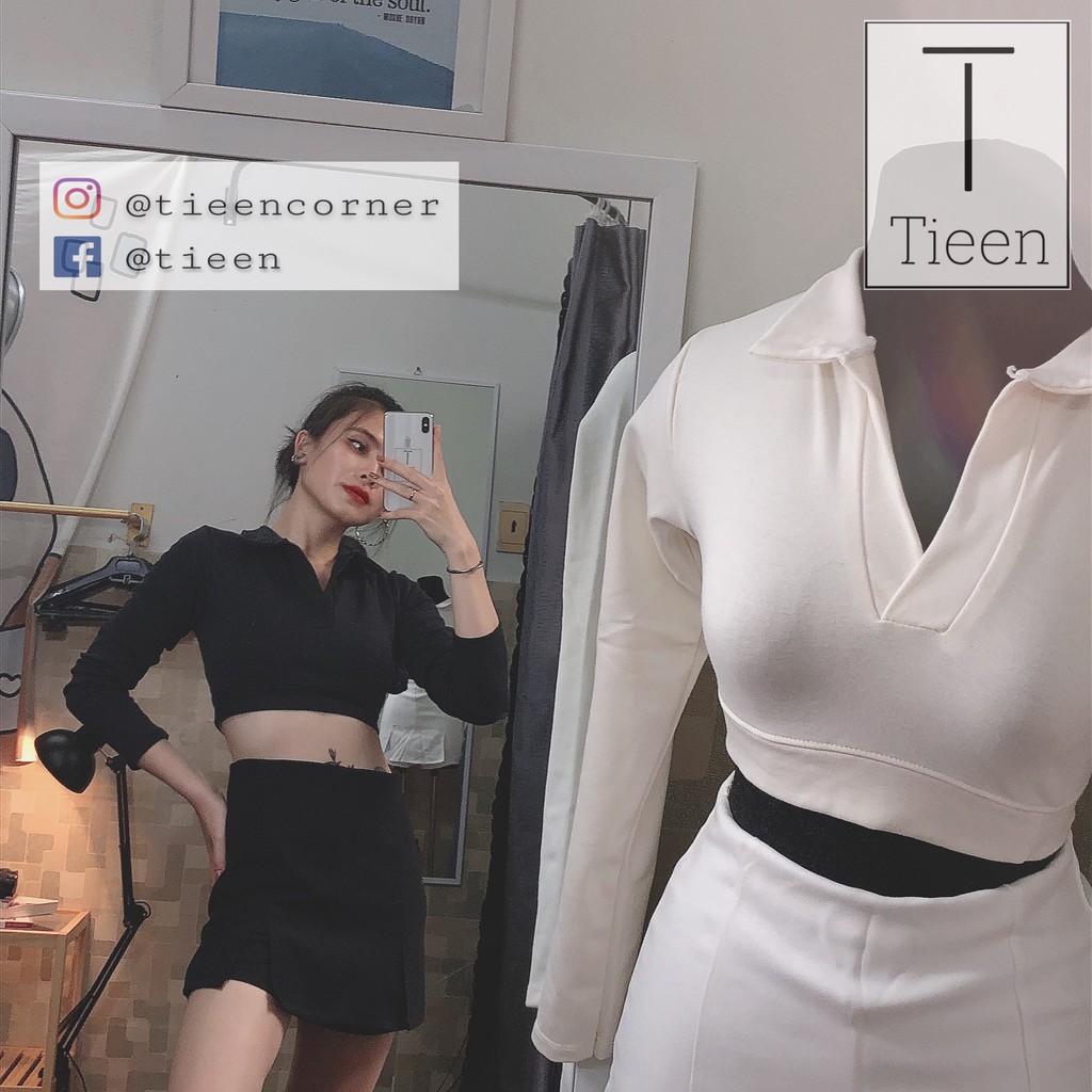 Croptop cổ polo tay dài khoét lưng | BigBuy360 - bigbuy360.vn