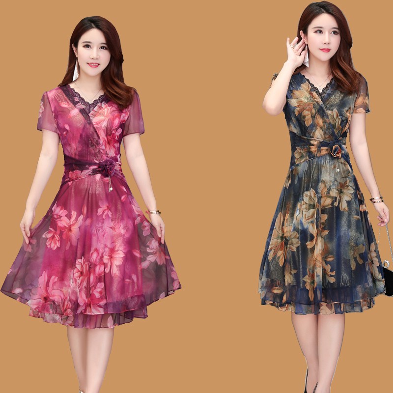 CB♗♛Quần áo trung niên▬✕☑Váy liền mẫu nữ mùa hè in hoa chiffon phiên bản Hàn Quốc size lớn dài vừa cho người mẹ