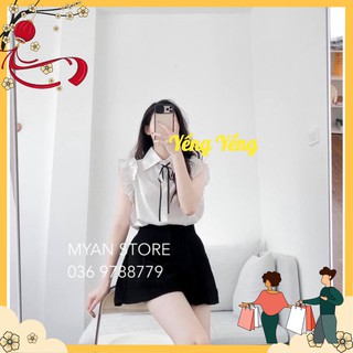 Snu422 - set nữ áo trắng bèo vai sooc đen
