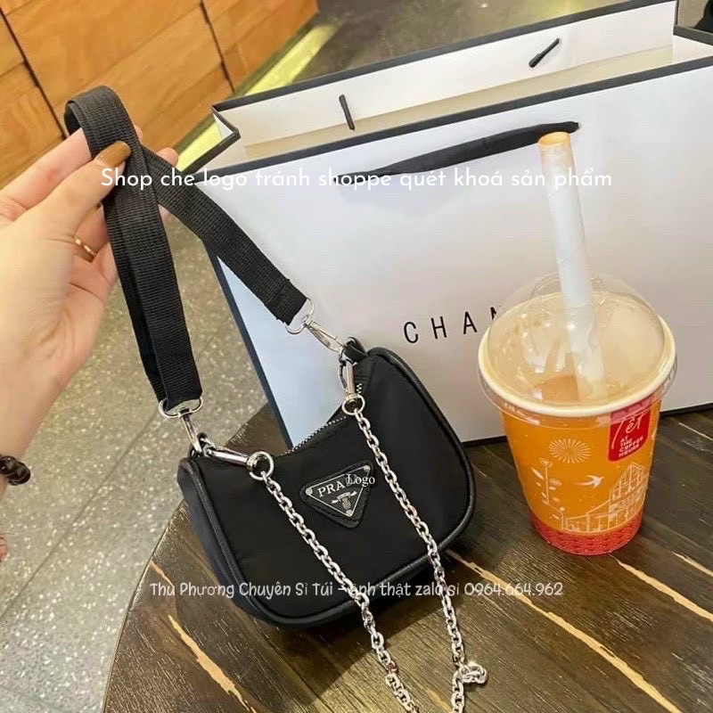 Túi Đeo Vai, Túi  Kẹp Nách Vải Dù Mini Size 12cm kèm dây xích (kèm video shop quay)