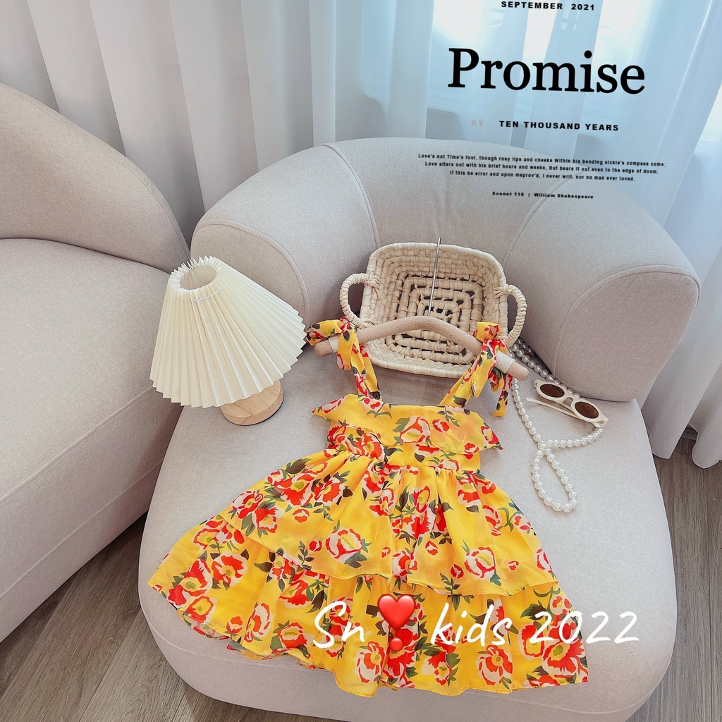 Váy công chúa bé gái, váy tơ hoa 2 dây buộc vai bèo tầng cho bé mẫu AHH2