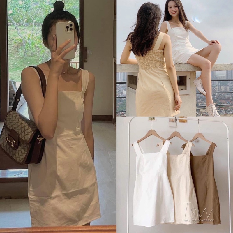 [Ảnh thật/Video]Váy hai dây gam màu Tây Âu Váy hai dây Hàn Quốc dánh suông