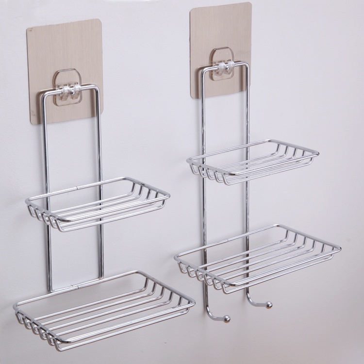 Kệ đựng xà phòng 2 tầng inox dán tường kèm móc treo tiện lợi