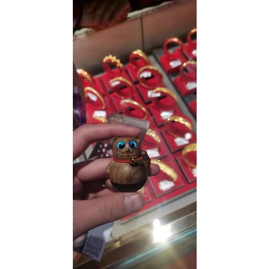 Mèo Gỗ Thần Tài; Phụ Kiện Chó Mèo Thú Cưng;  Mèo Lật Đật Khắc Gỗ May Mắn