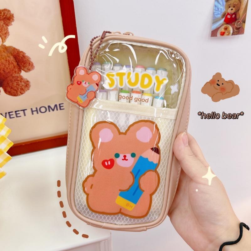 Túi Đựng Bút Bằng PVC Trong Suốt Nhiều Ngăn Họa Tiết Gấu Hoạt Hình Dễ Thương