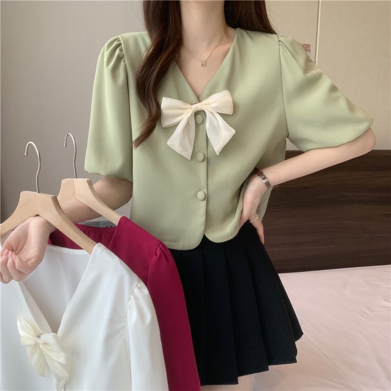 Áo Sơ Mi Ngắn Cổ Chữ v Thắt Nơ Dành Cho Nữ  tao bao
