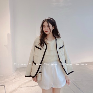 Áo dạ tweed trắng ngà viền đen