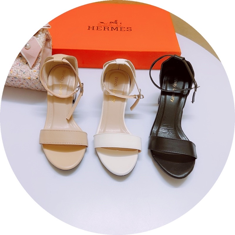 Giày sandal quai ngang da lì gót vuông 5p bít gót mũi tròn hàng đẹp-Ảnh chụp thật