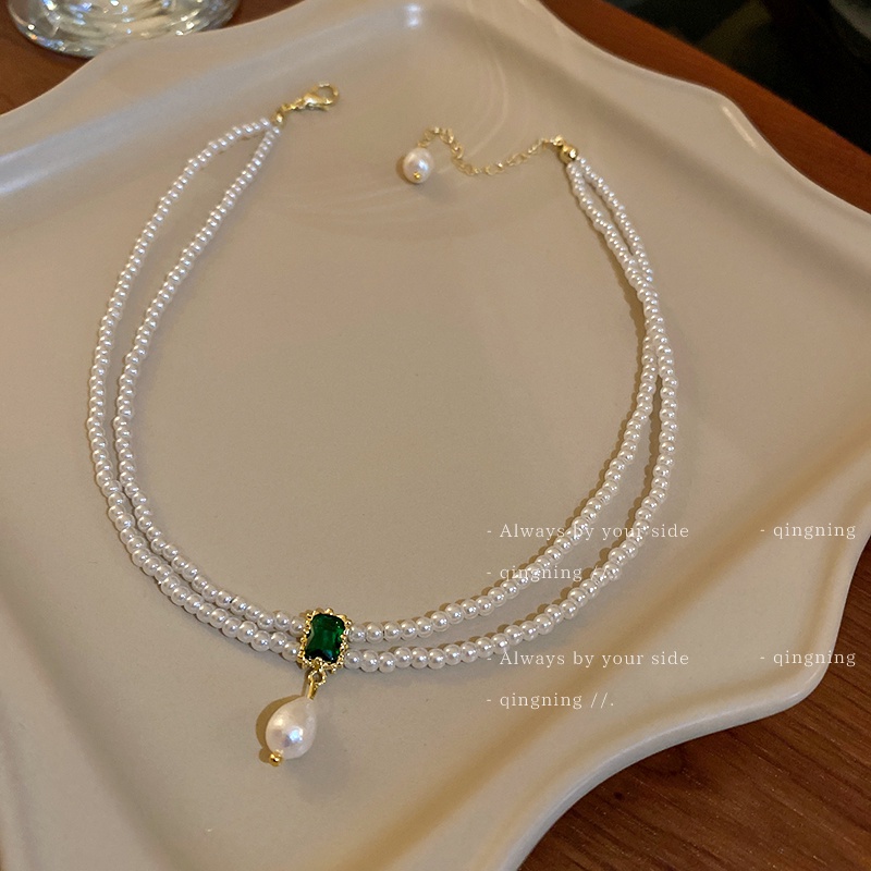 DREJEW Dây chuyền hai lớp đính ngọc trai và đá hình vuông phong cách cổ điển thời trang cho nữ