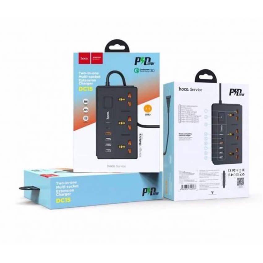 Ổ cắm điện đa năng chính hãng hoco DC15 công suất 2500w kèm 4 cổng USB 1 TYPEC sạc nhanh 18W bảo hàng 12 tháng