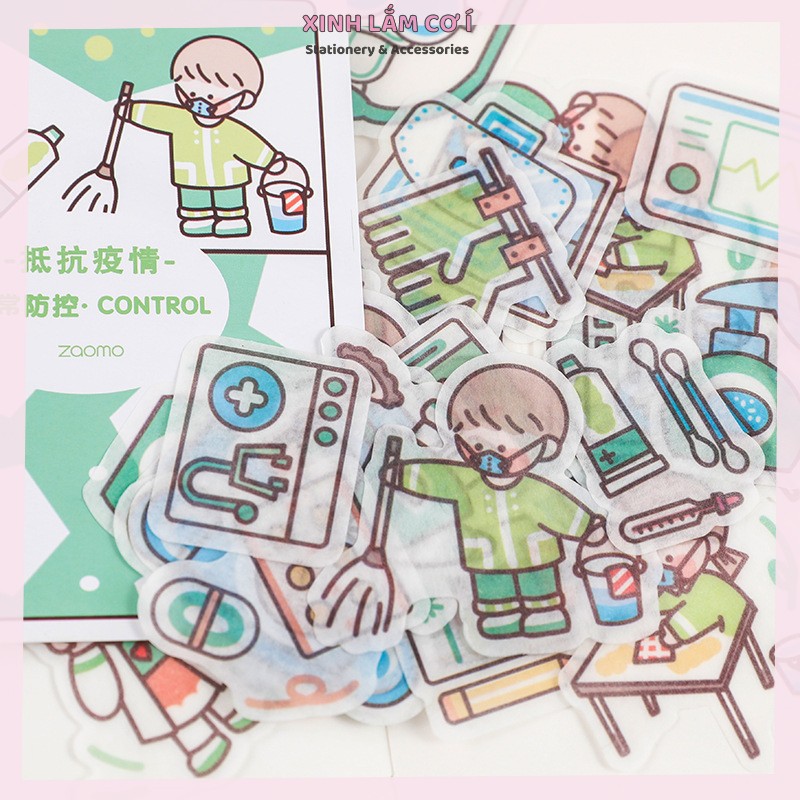 Set 40 Miếng Dán Sticker Cô Bé Cậu Bé Đeo Khẩu Trang Siêu Dễ Thương