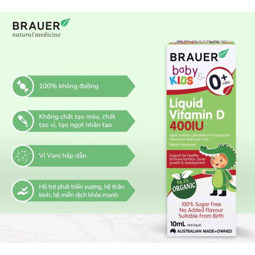 Thực phẩm bảo vệ sức khỏe bổ sung Vitamin D Brauer Liquid Vitamin D 400IU (10ml)