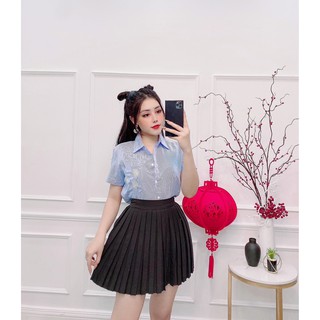 Áo sơ mi nữ tay ngắn họa tiết hoa cúc màu xanh tinh tế cực hot