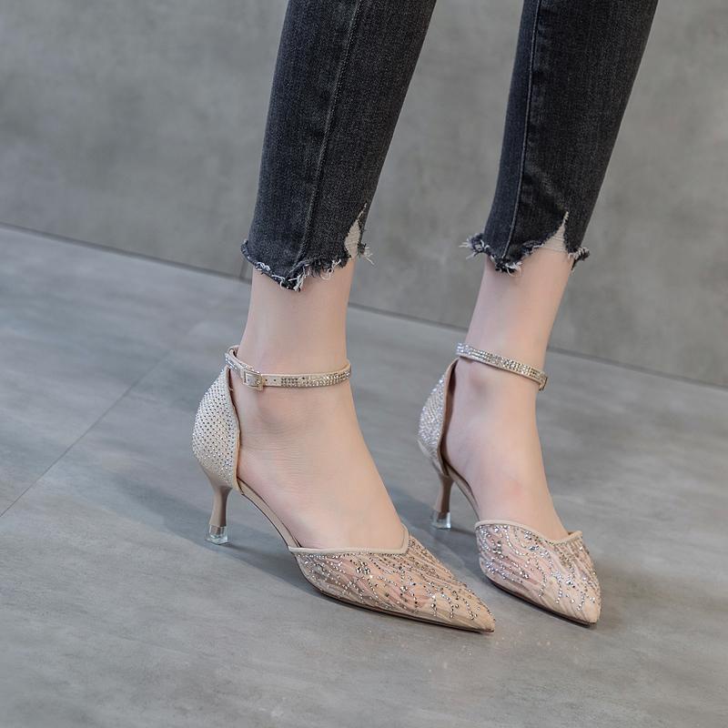 Giày Mũi Nhọn Phối Lưới Thoáng Khí Đính Đá Thời Trang Mùa Hè 2022 Cho Nữ