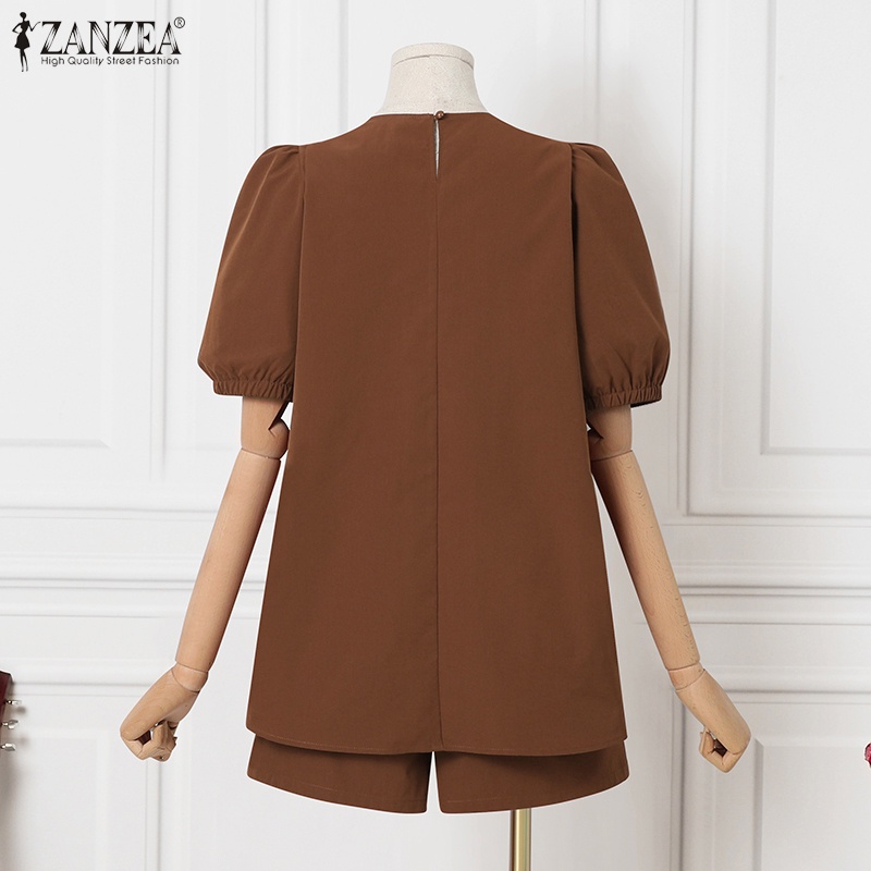 Set trang phục ZANZEA áo kiểu tay ngắn phồng cổ tròn và quần đùi lưng thun thời trang dành cho nữ