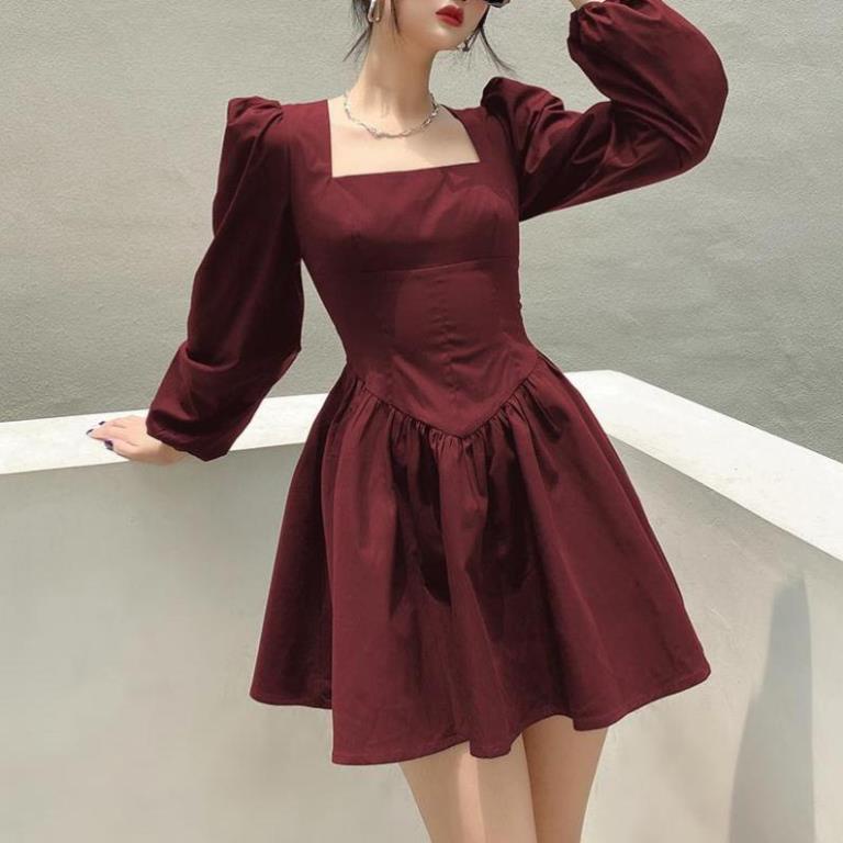 Đầm váy nữ váy cổ vuông dự tiệc dài tay dáng xòe, váy tiểu thư phong cách Ulzzang Hàn Quốc siêu xinh xắn