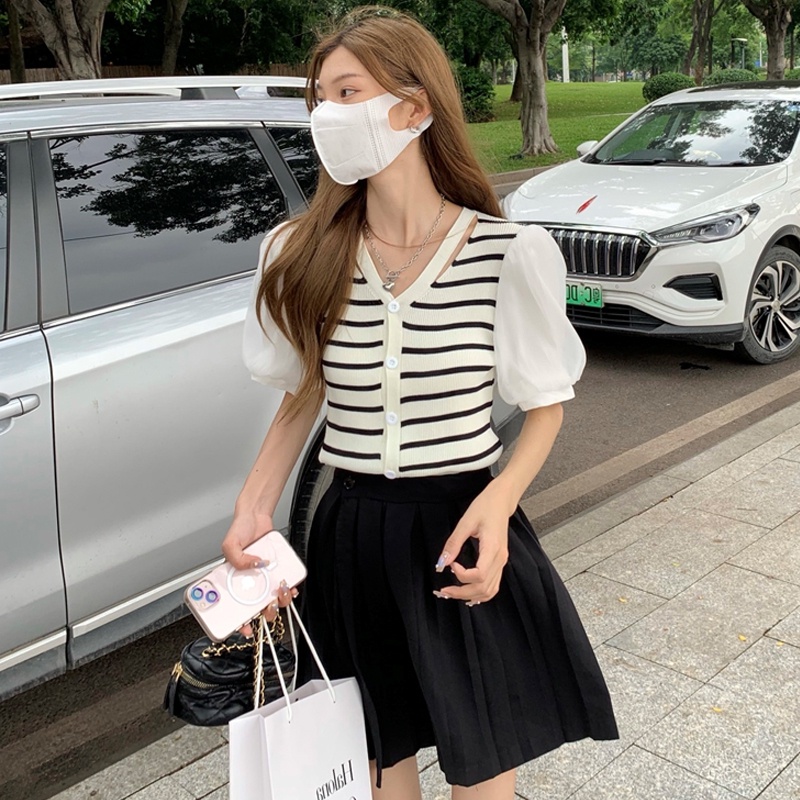 【ZHELIHANGFEI】Áo Thun Tay Phồng Kẻ Sọc Phối Lưới Xinh Xắn Thời Trang Cho Nữ